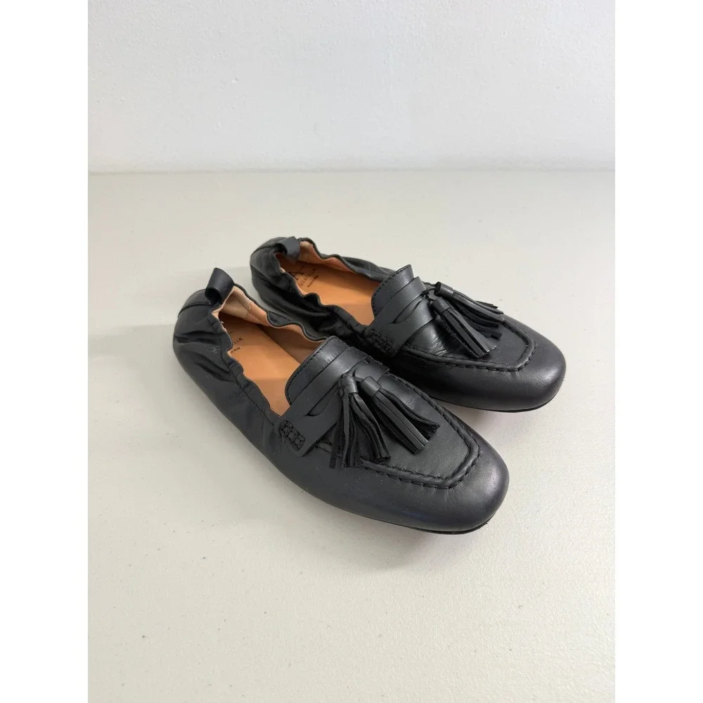 Aquatalia Black Leather Tassel Loafer‎ Flats Elastic Back Made in Italy Size 5.5